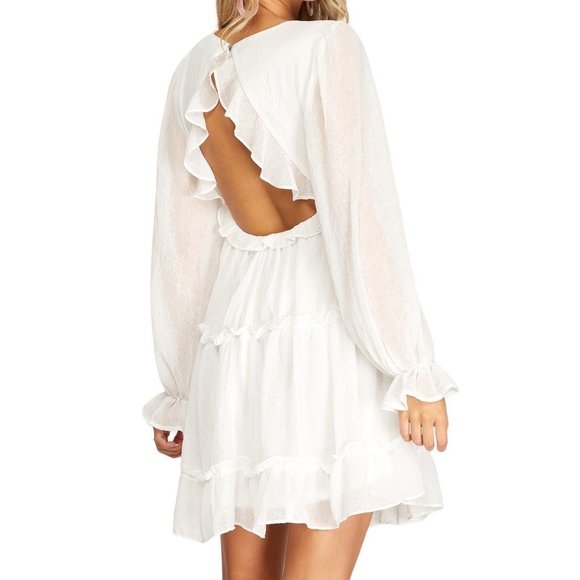 She And Sky Long Sleeve V-Neck Tiered Mini Dress White Size Large NWT - Picture 2 of 2